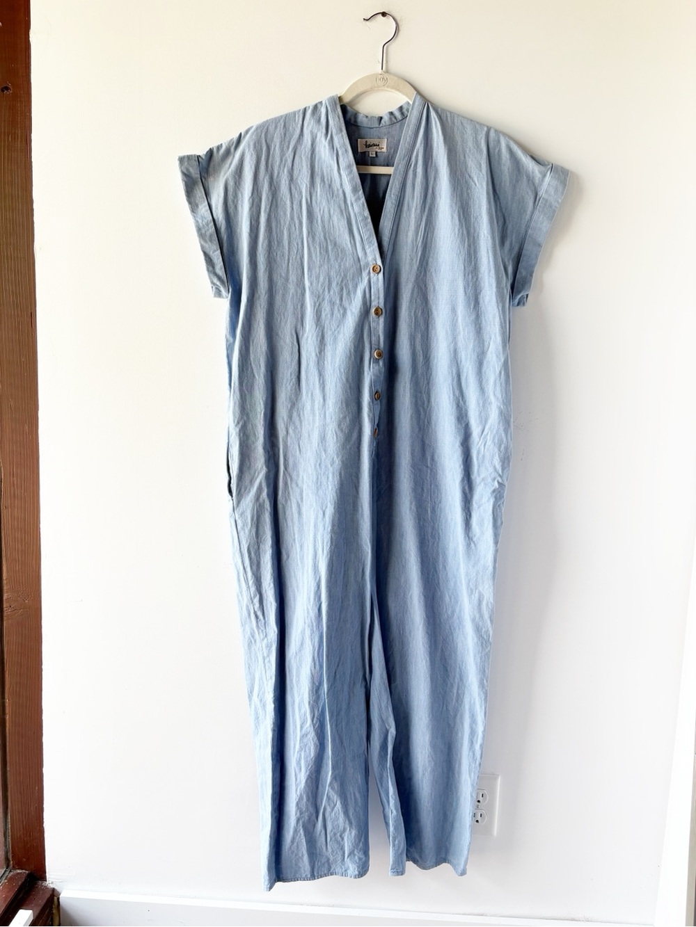 Heinui Aiko Jumpsuit Bleached Indigo Blue Cotton Button Front VNeck Short Sleeve